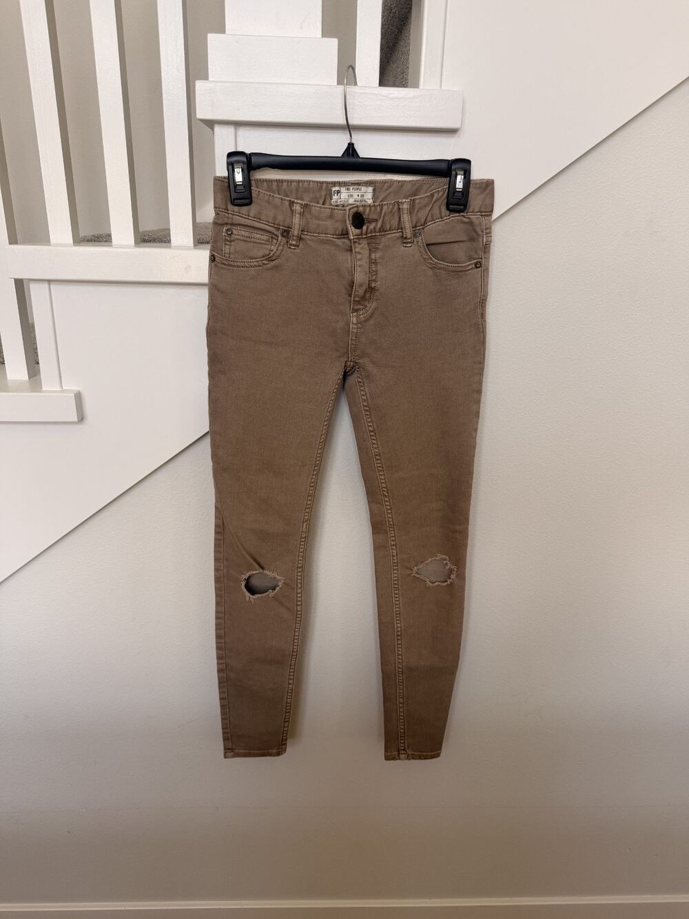 Free People Womens Tan Khaki Distressed Stretch Skinny Jeans Size W25 27" Inseam